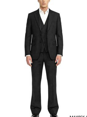 Solid Black Pick Stich Peak Lapel w/ Double Breasted Vest Flare Pants Men's Suit
